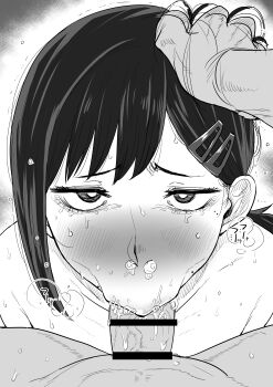 1boy 1girl :>= absurdres bar_censor blush bright_pupils censored chainsaw_man commentary_request erection fellatio grabbing_another's_hair greyscale hair_ornament hairclip hand_on_another's_head hetero higashiyama_kobeni highres holding_another's_hair kaiman_garupan looking_at_viewer mole mole_under_eye mole_under_mouth monochrome multiple_moles nose_blush nose_bubble oral parallel_hairclips penis ponytail pov raised_inner_eyebrows saliva short_hair short_ponytail single_sidelock sweat swept_bangs white_pupils