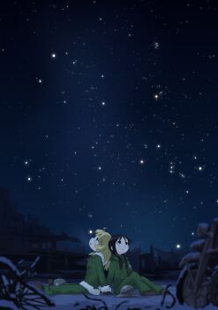 2girls ahoge aposine back-to-back black_hair black_hat black_pants blonde_hair chito_(shoujo_shuumatsu_ryokou) commentary english_commentary green_jacket green_pants hat highres jacket long_hair long_sleeves military_uniform mixed-language_commentary motor_vehicle motorcycle multiple_girls night night_sky pants shoujo_shuumatsu_ryokou sitting sky star_(sky) starry_sky yuuri_(shoujo_shuumatsu_ryokou)