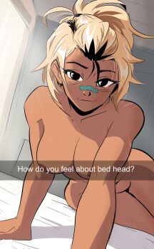 1girl arm_support bandaid bandaid_on_face bandaid_on_nose beck_shiloh bed bedroom black_eyes black_hair blonde_hair blush breasts brown_eyes brown_hair closed_mouth collarbone commentary completely_nude dark-skinned_female dark_skin dutch_angle english_commentary english_text eyebrow_cut hair_between_eyes hands_on_bed highres indoors leaning_forward legs_together light_smile looking_at_viewer medium_breasts medium_hair multicolored_hair navel nipples nude on_bed ponytail roots_(hair) rumble_after_dark scar scar_on_arm scar_on_shoulder snapchat solo spicymancer streaked_hair sunlight tan toned toned_female window