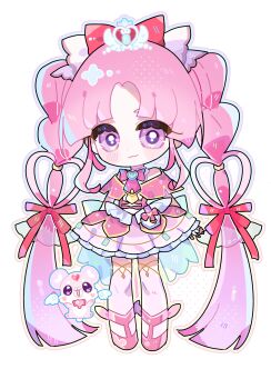 Rule 34 | 1girl, :3, absurdly long hair, back bow, bag bow, bare shoulders, bear, blue bow, blue outline, blunt bangs, blush stickers, bow, bowtie, braid, braided twintails, brooch, capelet, chibi, chinese commentary, closed mouth, commentary request, cure mystique, dot nose, eyelashes, fingerless gloves, frilled shirt, frilled skirt, frills, gloves, gradient outline, hair bow, hair ornament, halftone, heart, heart-shaped hair, heart brooch, heart hair ornament, highres, jewelry, knees, kobayashi mikuru, long hair, looking at viewer, magical girl, meitantei precure!, miniskirt, off-shoulder capelet, outline, parted bangs, pink bow, pink bowtie, pink capelet, pink hair, pink shoes, pink skirt, pink thighhighs, pleated skirt, pochi-tan, precure, procreate (medium), purple eyes, red bow, shirt, shoes, simple background, skirt, sleeveless, sleeveless shirt, smile, standing, thighhighs, two-tone bow, very long hair, waist bag, white background, white bag, white bow, white gloves, white shirt, winged animal, winged heart, winged shoes, wings, yellow outline, yubanchu