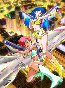 2girls aircraft aqua_boots armlet blue_eyes blue_hair boots breasts city cityscape cleavage crop_top dark-skinned_female dark_skin dirty_pair flying gloves gun handgun headband holster jewelry kei_(dirty_pair) long_hair metal_wings midriff multiple_girls navel non-web_source official_art open_mouth outdoors outstretched_arm photoshop_(medium) red_hair short_hair single_glove weapon yellow_boots yuri_(dirty_pair)