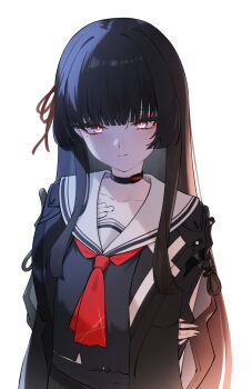 1girl arm_behind_back arm_cutout black_choker black_hair black_jacket black_shirt breasts chisa_(wuthering_waves) choker clothing_cutout collarbone commentary cowboy_shot dongye1551 hair_ribbon highres holding_own_arm jacket long_hair long_sleeves looking_at_viewer medium_breasts mole mole_under_eye neckerchief red_eyes red_neckerchief red_ribbon ribbon sailor_collar shirt simple_background solo white_background white_sailor_collar wuthering_waves