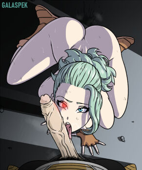 1boy 1girl all_fours artist_name blue_eyes boots brown_boots brown_gloves clothed_male_nude_female dragon_ball dragon_ball_super fellatio fingerless_gloves full_body galaspek gloves glowing glowing_eye green_hair heterochromia highres large_penis licking licking_penis looking_at_viewer looking_up male_pubic_hair muezli_(dragon_ball) nude oral penis pov pov_crotch pubic_hair red_eyes saiyan_armor saliva sidelighting solo_focus steaming_body sweat teeth tongue tongue_out upper_teeth_only veins veiny_penis