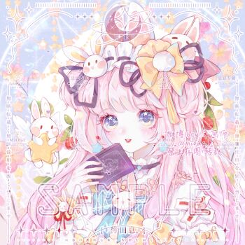 1girl angel_wings animal_ears animated animated_gif berry black_choker black_ribbon blinking blue_background blue_bow blue_bowtie blue_eyes blush book bow bowtie brooch cherry_blossoms chinese_commentary choker collared_shirt commentary_request commission crescent eyelashes floral_background flower flower_in_eye frilled_hairband frills fur_sleeves hair_bow hair_ornament hair_ribbon hairband high_collar holding holding_book holding_star jewelry light_smile lipstick long_hair looking_at_viewer looping_animation makeup mioda_xi multiple_hair_bows original pale_skin parted_lips pink_bow pink_flower pink_hair pom_pom_(clothes) pom_pom_hair_ornament rabbit rabbit_brooch rabbit_ears rabbit_hair_ornament red_lips ribbon ribbon-trimmed_hairband sample_watermark shirt short_sleeves single_sidelock sleeve_bow solo sparkle star_(symbol) symbol_in_eye tassel tassel_hair_ornament teeth too_many_watermarks upper_body watermark weibo_watermark white_hairband white_shirt wings yellow_bow