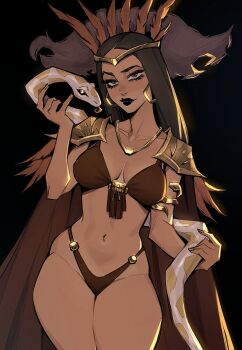 1girl animal bikini black_hair black_lips breasts brown_bikini brown_eyes cape dark-skinned_female dark_skin earrings from_dusk_till_dawn gold_headband head_ornament high-waist_bikini high-waist_panties highres holding holding_animal holding_snake jewelry long_hair original salma_hayek santanico_pandemonium shoulder_pads snake swimsuit tan thighs wide_hips yellow_eyes ykshelter