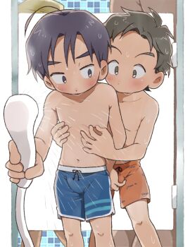 2boys blush kodomo_doushi male_focus male_swimwear multiple_boys nipple_stimulation nipples original same-sex_bathing shared_bathing short_hair shota showering standing swim_trunks taremayuzou topless_male wet yaoi