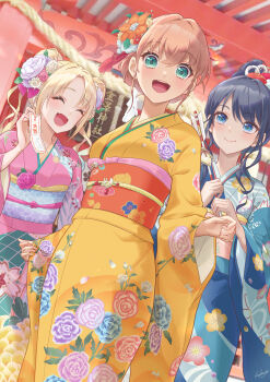 3girls :d ^_^ absurdres aqua_eyes blonde_hair blue_eyes blue_hair blue_kimono blue_sash closed_eyes commentary_request cowboy_shot double_bun floral_print floral_print_kimono flower hair_bun hair_flower hair_ornament hasu_no_sanrenka hasu_no_sora_karuta_(love_live!) highres hinoshita_kaho holding holding_omikuji japanese_clothes kimono kobassy link!_like!_love_live! long_sleeves love_live! multiple_girls murano_sayaka omikuji open_mouth orange_flower orange_hair orange_kimono orange_sash osawa_rurino pink_kimono print_kimono sash short_hair_with_long_locks shrine smile tassel tassel_hair_ornament