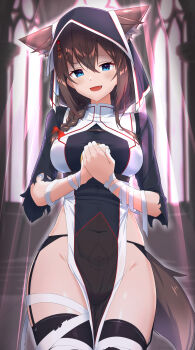 1girl absurdres animal_ears black_coif black_garter_belt black_thighhighs blue_eyes braid breasts brown_hair garter_belt hair_ornament hair_over_shoulder halloween halloween_costume highres kantai_collection kemonomimi_mode large_breasts looking_at_viewer nun pelvic_curtain shiba_(zudha) shigure_(kancolle) shigure_kai_san_(kancolle) single_braid solo standing tail thighhighs veil