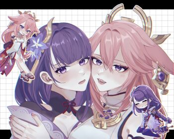 2girls animal_ear_piercing animal_ears blunt_bangs blush breasts chibi cleavage closed_eyes clothing_cutout commentary couple embarrassed fangs fox_ears fox_girl genshin_impact hair_between_eyes hair_ornament hand_on_another's_shoulder head_tilt headpiece heads_together highres hug hug_from_side ichi_0000_maru japanese_clothes jewelry kimono kneeling large_breasts leaning_forward leaning_on_person leaning_to_the_side long_hair looking_at_viewer looking_to_the_side mole mole_under_eye multiple_girls neck_ribbon nose_blush off_shoulder open_mouth pendant pink_hair pink_lips pink_nails purple_eyes purple_hair purple_kimono raiden_shogun red_ribbon red_sash ribbon sash shoulder_cutout shy standing sweat symbol-only_commentary upper_body yae_miko yuri