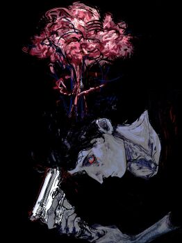 1boy :| black_hair black_shirt bloodshot_eyes blue_eyes closed_mouth colored_sclera commentary explosion gun gun_to_head handgun headshot highres holding holding_gun holding_own_wrist holding_weapon looking_at_viewer male_focus original red_sclera revol4357 serious shirt short_hair solo suicide symbol-only_commentary upper_body weapon