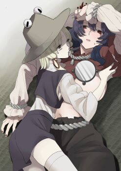 2girls absurdres ass biting black_skirt blonde_hair blue_hair blush bow breasts brown_hat clothes_lift curly_hair empty_eyes extra_eyes frilled_shirt frilled_shirt_collar frilled_sleeves frills frog_girl green_nails hair_between_eyes hair_bow hair_ornament hand_on_own_forehead hat highres horizontal_pupils huge_breasts juliet_sleeves large_breasts layered_clothes layered_shirt layered_sleeves lifting_another's_clothes long_skirt long_sleeves looking_at_another lying lying_on_person medium_hair mirror moriya_suwako multiple_girls nail_polish navel on_floor open_mouth parted_bangs puffy_long_sleeves puffy_sleeves purple_skirt purple_vest red_bow red_eyes red_nails red_shirt rope rope_necklace shimenawa shirt shirt_lift sidelocks size_difference skirt slit_pupils sweat sweatdrop taser thighhighs touhou turtleneck vest waistband white_shirt white_sleeves white_thighhighs whoru wide_sleeves wristband yasaka_kanako yellow_eyes yuri