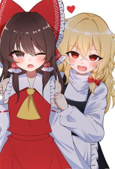 2girls apron ascot bagu_(bagubagu_cr7) blonde_hair blush bow braid brown_eyes brown_hair commentary detached_sleeves fang frilled_bow frilled_hair_tubes frills hair_bow hair_tubes hakurei_reimu heart heart_in_eye highres kirisame_marisa long_hair looking_at_viewer multiple_girls no_headwear one_eye_closed open_mouth red_bow red_eyes red_skirt ribbon-trimmed_sleeves ribbon_trim saliva side_braid simple_background single_braid skirt skirt_set smile symbol_in_eye touhou waist_apron white_background yellow_ascot yuri