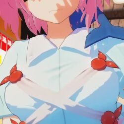 1girl 3d accident animated breasts green_eyes hakurei_reimu indoors jiggle looking_at_viewer medium_breasts mofumoko5 okunoda_miyoi pink_hair poster pov short_hair solo tagme touhou tripping video whale_hat