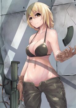 1girl bikini bikini_top_only black_bikini black_panties black_pants blonde_hair breasts brown_gloves cleavage closed_mouth commentary cowboy_shot day female_focus gloves groin gun highres holding holding_gun holding_weapon kakimoto_nao looking_at_viewer lowleg lowleg_pants magazine_(weapon) medium_breasts navel open_fly orange_eyes original panties pants rebar short_hair smile solo standing swimsuit tossing trigger_discipline underwear unzipped weapon weapon_request