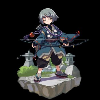 1boy aonibi_(merc_storia) arrow_(projectile) beads black_background black_gloves black_pants black_shirt blue_kimono bow_(weapon) closed_mouth full_body geta gloves grey_hair highres holding holding_arrow holding_bow_(weapon) holding_weapon japanese_clothes kimono long_sleeves merc_storia merc_storia_art_team official_art pants prayer_beads quiver rock shirt short_hair simple_background solo standing tachi-e tsurime weapon wide_sleeves yellow_eyes