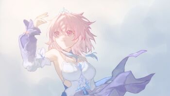 1girl akaguchi_35 arm_up armpits bare_shoulders blue_choker blue_eyes blue_hair blue_sky bow breasts choker cloud cloudy_sky collarbone commentary_request day detached_sleeves dress floating_clothes floating_hair gradient_hair hair_between_eyes highres honkai:_star_rail honkai_(series) long_sleeves looking_up march_7th_(honkai:_star_rail) march_7th_(nascent_spring)_(honkai:_star_rail) medium_breasts multicolored_eyes multicolored_hair official_alternate_costume orange_bow outdoors pink_eyes pink_hair pink_pupils puffy_detached_sleeves puffy_long_sleeves puffy_sleeves purple_sleeves short_hair sidelocks sky sleeveless sleeveless_dress smile solo teeth tiara upper_body white_dress