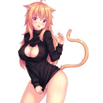 1girl :o animal_ear_fluff animal_ears artist_self-insert black_sweater blonde_hair blush bottomless breasts cat_cutout cat_ears cat_tail cleavage cleavage_cutout clothes_tug clothing_cutout colored_eyelashes contrapposto covered_erect_nipples ears_down embarrassed fang female_focus hair_between_eyes highres kemonomimi_mode large_breasts long_hair long_sleeves looking_at_viewer naked_sweater no_bra no_panties no_pussy nottytiffy open-chest_sweater open_mouth original red_eyes shiny_skin simple_background solo standing sweater sweater_tug tail tiffy_(nottytiffy) white_background