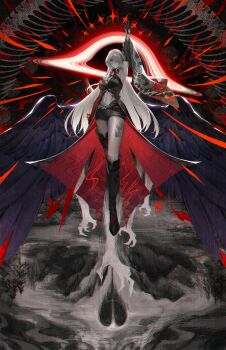 1girl absurdres acheron_(honkai:_star_rail) arm_up armpits artist_logo asymmetrical_legwear bare_shoulders belt black_belt black_boots black_coat black_gloves black_hole black_shirt black_shorts blood bloody_tears boots breasts bright_pupils chromatic_aberration cleavage coat coattails colored_extremities commentary commission crop_top daniel_deng detached_sleeves english_commentary flower full_body gloves hair_ornament hair_over_one_eye highres honkai:_star_rail honkai_(series) knee_boots large_breasts oversized_wings leg_tattoo logo long_hair looking_at_viewer low_wings navel official_alternate_color parted_lips purple_wings red_eyes red_flower red_hands shirt shorts single_detached_sleeve single_knee_boot single_thigh_boot single_wide_sleeve solo stomach tattoo thigh_boots uneven_legwear very_long_hair white_hair white_pupils wide_shot wings