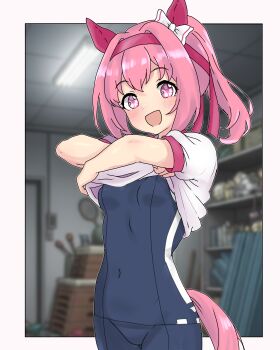 Rule 34 | absurdres, alternate costume, animal ears, blurry, blurry background, breasts, commentary request, covered navel, haru urara (umamusume), highres, horse ears, horse girl, horse tail, looking at viewer, navel, open mouth, pink eyes, pink hair, school swimsuit, school uniform, shirt, small breasts, swimsuit, tachibana nukesaku, tail, textless version, tracen swimsuit, translation request, umamusume, undressing