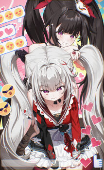 Rule 34 | 2girls, black hair, chyanu, circle facial mark, clothing cutout, commentary, diamond (shape), diamond facial mark, diamond on cheek, dress, english commentary, facial mark, fox mask, grey hair, heart, heart emoji, heart facial mark, heart on cheek, highres, honkai: star rail, honkai (series), long hair, long sleeves, mark under both eyes, mask, mask on head, multiple girls, pout, red dress, red streaks, shoulder cutout, sparkle (honkai: star rail), sparxie (honkai: star rail), twintails, very long hair