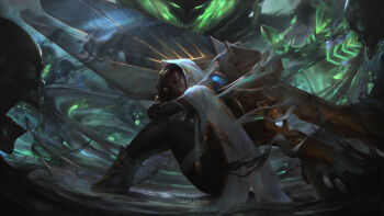 Rule 34 | 1girl, absurdres, arms on knees, artist name, black boots, black gloves, black pants, boots, breasts, cloak, closed mouth, commentary, crossed arms, dark-skinned female, dark skin, dreadlocks, elbow gloves, english commentary, from side, gloves, green eyes, hair ornament, highres, hood, hood up, hooded cloak, knees up, league of legends, lips, looking at viewer, medium breasts, medium hair, midriff, nose, pants, paul nong, senna (league of legends), signature, sitting, solo, white cloak