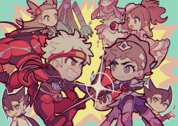 2boys 3girls :d armor beast_ball brown_hair buzzwole celesteela cherish_ball chinese_commentary closed_mouth coin commentary_request diancie diantha_(pokemon) diantha_(special_costume)_(pokemon) dress eye_contact eyelashes gen_5_pokemon gen_6_pokemon gen_7_pokemon grimsley_(pokemon) grin guzma_(pokemon) guzma_(special_costume)_(pokemon) hat headband hilda_(pokemon) hilda_(special_costume)_(pokemon) holding holding_poke_ball holding_sword holding_weapon huan_li jacket jasmine_(pokemon) jasmine_(special_costume)_(pokemon) keldeo legendary_pokemon long_hair long_sleeves looking_at_another mega_diancie mega_pokemon multiple_boys multiple_girls mythical_pokemon nintendo official_alternate_costume open_mouth poke_ball pokemon pokemon_(creature) pokemon_bw pokemon_masters_ex pokemon_sm red_headband scarf short_hair sidelocks smile sword teeth tongue two_side_up ultra_beast weapon