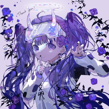 1girl arm_warmers black_nails black_ribbon center-flap_bangs chinese_commentary closed_mouth commentary_request commission dated english_text eyewear_on_head finger_to_mouth halo highres long_hair multicolored_nails original purple_eyes purple_hair purple_nails purple_theme ribbon shirt short_sleeves smile solo thank_you twintails upper_body vihua6 watermark white_arm_warmers white_shirt