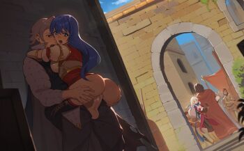 3girls 4boys absurdres against_wall alley anus anus_peek armor ass blue_hair breasts caeda_(fire_emblem) cape caught commentary english_commentary exhibitionism fire_emblem fire_emblem:_mystery_of_the_emblem fire_emblem:_radiant_dawn fire_emblem_fates grey_hair grin hetero highres hug in-franchise_crossover laslow_(fire_emblem) medium_breasts micaiah_(fire_emblem) multiple_boys multiple_girls nintendo penis public_indecency pussy scarf sex shade shoulder_armor smile stealth_sex suspended_congress timbocactus vaginal