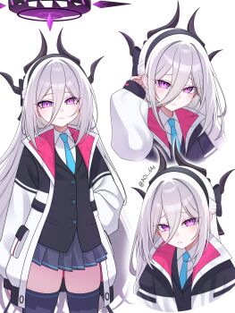 1girl absurdres aoi_ryo black_bow black_hairband black_halo black_horns black_jacket black_skirt black_thighhighs blazer blue_archive blue_necktie bow closed_mouth collared_shirt commentary cosplay cowboy_shot demon_girl demon_horns double-parted_bangs eyelashes frown furrowed_brow hair_between_eyes hair_bow hairband half_updo halo hand_on_own_hip highres hina_(blue_archive) horns jacket kei_(blue_archive) kei_(blue_archive)_(cosplay) kei_(new_body)_(blue_archive) long_hair long_hair_between_eyes looking_at_viewer miniskirt multiple_horns multiple_views necktie parted_lips pleated_skirt purple_eyes school_uniform shirt simple_background skirt slit_pupils straight_hair thighhighs tsurime twitter_username two-sided_fabric two-sided_jacket upper_body very_long_hair white_background white_hair white_jacket white_shirt zettai_ryouiki
