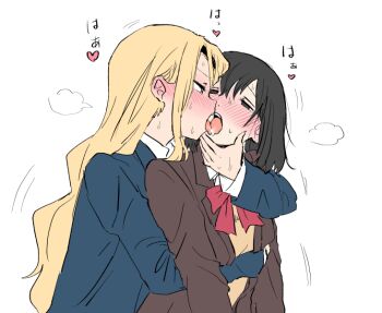 arm_around_neck bad_tag black_eyes black_hair blonde_hair blue_jacket blush bow bowtie brown_jacket fingers_on_another&#039;s_face french_kiss full-face_blush hand_on_another&#039;s_cheek hand_on_another&#039;s_face heart heavy_breathing jacket kirarazaka_marina kiss kuze_shizuka motion_lines pottode red_bow red_bowtie saliva school_uniform shirt sweat takopii_no_genzai tongue tongue_out translation_request white_shirt yellow_eyes yuri