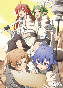 2boys 3girls absurdres ahoge bald blue_eyes blue_hair blush cape carrying eris_greyrat green_hair hair_between_eyes hairband headband highres holding holding_paper holding_polearm holding_staff holding_weapon jewelry mole mole_under_eye multiple_boys multiple_girls mushoku_tensei necklace open_mouth pale_skin paper parted_bangs polearm red_eyes red_hair roxy_migurdia rudeus_greyrat ruijerd_superdia shirt shorts shoulder_carry shoulder_grab sidelocks sky smile staff sweatdrop sylphiette_(mushoku_tensei) weapon white_shirt yanmyhony