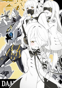 3girls :3 absurdres bandaged_hand bandages blindfold blue_archive colored_skin commentary_request dress ein_(blue_archive) extra_pupils hair_over_one_eye highres long_hair long_sleeves mask mistel_(sukebemistel) multiple_girls ohr_(blue_archive) open_mouth respirator revision robot short_hair smile sof_(blue_archive) symbol-shaped_pupils twintails white_dress white_hair white_skin x-shaped_pupils yellow_eyes