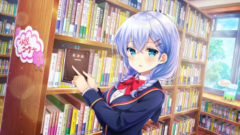 1girl :o aqua_eyes black_socks blazer blue_jacket bookcase bow braid front_braid girlfriend_(kari) hair_ornament hair_over_shoulder hairclip indoors jacket kneehighs library long_hair long_sleeves looking_at_viewer murakami_fumio official_art open_mouth plaid_clothes plaid_skirt pleated_skirt qp:flapper red_bow red_skirt school school_uniform shirt shoes skirt socks solo standing tagme twin_braids white_shirt