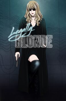 1girl absurdres black_dress blonde_hair blue_eyes boots choker coat cowboy_bebop curls dress female_focus gun highres julia_(cowboy_bebop) leather lipstick makeup suiyobi sunglasses thighhighs trench_coat weapon