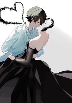1boy 1girl absurdres arm_around_waist arm_behind_back backless_dress backless_outfit bare_shoulders black_dress breasts brown_hair celty_sturluson closed_eyes commentary couple darkness dress dullahan durarara!! formal_clothes from_side glasses gradient_background grey_background headless heart hetero highres kishitani_shinra nape necktie profile short_hair simple_background smile smoke smoke_heart suit tsubasa_(tubasatokurumi) white_background white_necktie white_suit