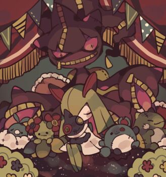 bad_id bad_pixiv_id banette bellossom bush character_doll closed_eyes doll evil_smile flower gen_2_pokemon gen_3_pokemon holding hug kirlia marill maru_(umc_a) mega_banette mega_evolution mega_pokemon nintendo pokemon pokemon_(creature) pokemon_move smile substitute_(pokemon) swablu