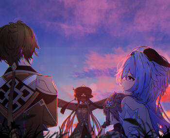 1boy 3girls absurdres bare_shoulders black_hat black_shorts blue_hair briez brown_hair chinese_clothes cloud cloudy_sky cone_hair_bun detached_sleeves formal_clothes ganyu_(genshin_impact) genshin_impact goat_horns grass hair_between_eyes hair_bun hair_ears hat hat_tassel highres horns hu_tao_(genshin_impact) keqing_(genshin_impact) long_hair long_sleeves multiple_girls outdoors outstretched_arms ponytail porkpie_hat purple_eyes purple_hair shorts sidelocks sky suit tailcoat twintails very_long_hair white_sleeves zhongli_(genshin_impact)