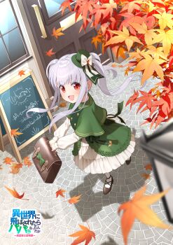1girl :d absurdres autumn_leaves black_shoes blurry blurry_foreground bow briefcase building capelet depth_of_field door dress frilled_dress frills green_bow green_capelet green_hat grey_hair hat highres holding isekai_ni_tobasaretara_papa_ni_nattandaga leaf long_hair long_sleeves maple_leaf menu_board mini_hat mini_top_hat official_art open_mouth orurea_(isepapa) pantyhose puffy_long_sleeves puffy_sleeves red_eyes sable_mint shoes smile solo tilted_headwear top_hat twintails very_long_hair white_dress white_pantyhose window