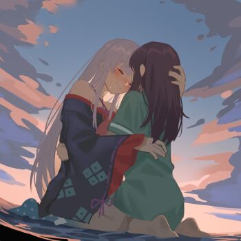 2girls bare_shoulders blush cho_kaguya-hime! closed_eyes cloud commentary_request crying dusk green_shirt hand_on_another's_back hand_on_another's_head japanese_clothes kimono long_hair long_sleeves milktea_(gggrrr2000) multiple_girls off_shoulder outdoors purple_hair runami_yachiyo sakayori_iroha shirt short_sleeves sitting smile streaming_tears tears wariza white_hair yuri