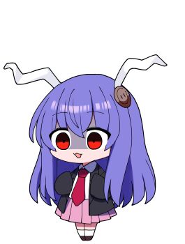 1girl absurdres animal_ears black_jacket blush_stickers chibi collared_shirt commentary_request hair_between_eyes hair_ornament highres jacket long_hair long_sleeves looking_ahead necktie no_nose open_clothes open_jacket open_mouth pink_skirt pleated_skirt purple_hair rabbit_ears red_eyes red_necktie reisen_udongein_inaba shaded_face shirt simple_background skirt sleeves_past_fingers sleeves_past_wrists socks solo standing straight_hair touhou transparent_background very_long_hair white_shirt white_socks you_(noanoamoemoe)