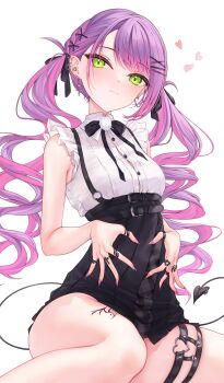1girl absurdres bare_shoulders bow bowtie breasts closed_mouth commentary ear_piercing earrings ed_granger green_eyes hair_ornament hairclip highres hololive jewelry looking_at_viewer multiple_rings piercing purple_hair ring shirt skirt small_breasts symbol-only_commentary thighs tokoyami_towa twintails white_background