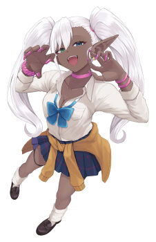 1girl :d blue_bow blue_eyes blue_skirt bow breasts brown_cardigan brown_shoes cardigan cardigan_around_waist choker claw_pose cleavage clothes_around_waist collarbone collared_shirt commentary_request copyright_request dark-skinned_female dark_skin dress_shirt earrings full_body green_eyes hands_up heterochromia highres jewelry loafers long_hair long_sleeves looking_at_viewer medium_breasts nail_polish open_mouth pink_choker pleated_skirt purple_nails school_uniform shirt shoes simple_background skindentation skirt smile socks solo standing temari_rin thigh_strap twintails very_long_hair virtual_youtuber white_background white_hair white_shirt white_socks