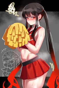 1boy 1girl absurdres bare_shoulders black_hair blush cheerleader chibi crop_top crossdressing crossdressing_(mtf) fate/grand_order fate_(series) highres long_hair looking_at_viewer midriff mini_nobu_(fate) miniskirt navel oda_nobukatsu_(fate) oda_nobunaga_(fate) pom_pom_(cheerleading) red_eyes red_shirt red_skirt shirt sidelocks skirt sleeveless sleeveless_shirt solo_focus spoken_squiggle squiggle sweat trap twintails very_long_hair zanegoodell