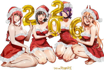 Rule 34 | 2026, 4girls, absurdres, barefoot, black choker, blonde hair, blush, braid, braided ponytail, breasts, brown eyes, brown hair, chainsaw man, choker, cleavage, cross-shaped pupils, demon girl, demon horns, dress, feet, fur-trimmed dress, fur trim, green eyes, grenade pin, hair between eyes, hair ornament, hairclip, higashiyama kobeni, highres, horns, kneeling, large breasts, long hair between eyes, makima (chainsaw man), medium breasts, multiple girls, number balloon, open mouth, ponytail, power (chainsaw man), purple hair, red dress, red hair, red horns, santa costume, santa dress, sharp teeth, short ponytail, sidelocks, simple background, small breasts, squatting, stepkingo art, symbol-shaped pupils, teeth, white background, yellow eyes
