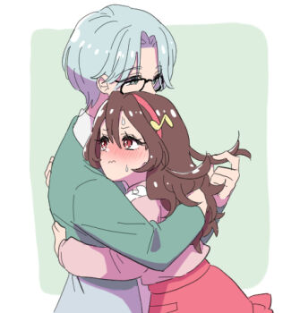 1boy 1girl blouse blush brushing_another's_hair brushing_hair cardigan couple curly_hair flirting fortissimo frilled_shirt frills glasses green_hair green_shirt hair_ornament hand_on_another's_back headband height_difference hibiki_kaito hug kimi_to_idol_precure long_hair long_sleeves lowres mario_(198609044) mature_male miniskirt musical_note musical_note_hair_ornament open_cardigan open_clothes parted_bangs pink_headband pink_shirt precure profile red_eyes red_skirt sakura_uta_(precure) shirt short_hair skirt sweat sweatdrop upper_body