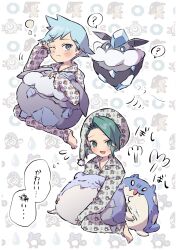 2boys :d ? aged_down anidf barefoot blush character_doll closed_mouth collared_shirt commentary_request diancie doll gen_1_pokemon gen_2_pokemon gen_3_pokemon gen_6_pokemon green_eyes green_hair hand_up hat highres holding holding_doll jealous legendary_pokemon magnemite male_focus marill mawile multiple_boys mythical_pokemon nintendo open_mouth pants pokemon pokemon_oras poliwag puff_of_air raised_eyebrows rubbing_eyes shirt short_hair smile spheal split_mouth spoken_question_mark steven_stone wallace_(pokemon)