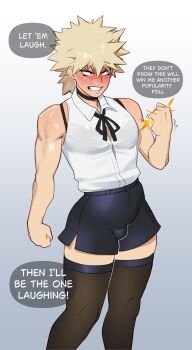 1boy absurdres alternate_costume bakugou_katsuki black_shorts black_thighhighs blonde_hair blush boku_no_hero_academia bulge clenched_teeth collared_shirt combos_&amp;_doodles crossdressing crossdressing_(mtf) dolphin_shorts english_text highres see-through_clothes see-through_thighhighs shirt short_hair shorts sleeveless sleeveless_shirt solo speech_bubble teeth thighhighs white_shirt