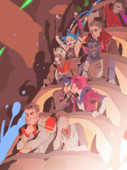 4girls 5boys arcane:_league_of_legends arcane_caitlyn arcane_jayce arcane_jinx arcane_vi arms_up blue_hair braid brown_hair caitlyn_(league_of_legends) cigar dark-skinned_female dark-skinned_male dark_skin ekko_(league_of_legends) firelight_ekko formal_clothes highres jayce_(league_of_legends) jinx_(league_of_legends) kiss league_of_legends monster_boy multiple_boys multiple_girls open_mouth pink_hair roller_coaster scar scar_(arcane) scarf sevika_(arcane) siblings silco_(arcane) sisters smile suit twin_braids vest vi_(league_of_legends) viktor_(arcane) viktor_(league_of_legends) waistcoat white_hair xin_xinshi yuri