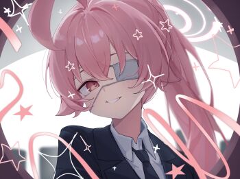 1girl :d ahoge arsyky14 black_jacket black_necktie black_suit blue_archive blush close-up collared_shirt crossed_bangs eyepatch formal_clothes grin hair_between_eyes hair_flaps halo heart heart_in_eye highres hoshino_(blue_archive) jacket light_blush long_hair looking_at_viewer medical_eyepatch monitoring_(vocaloid) necktie open_mouth orange_eyes pink_hair pink_halo ponytail portrait pov_peephole shirt sidelocks simple_background smile solo star_(symbol) suit symbol_in_eye white_background white_sleeves wing_collar