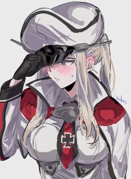 1girl aogisa black_gloves blonde_hair breasts capelet cross embarrassed gloves graf_zeppelin_(kancolle) grey_eyes hat headgear highres iron_cross kantai_collection large_breasts long_hair looking_to_the_side military_hat military_uniform necktie peaked_cap simple_background solo twintails two-tone_necktie upper_body white_background white_capelet white_hat